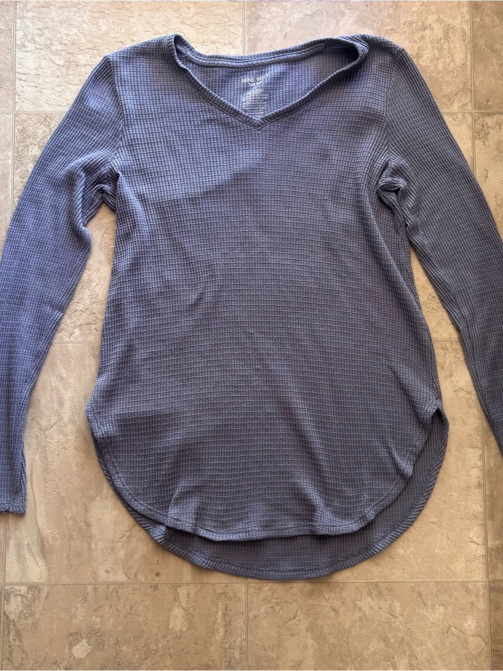 Nine West Blue Waffle Knit V-Neck Long Sleeve Top